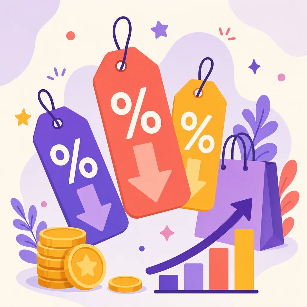 Etiquetas de precio con flechas de descuento hacia abajo y una flecha de aumento hacia arriba: los porcentajes en las compras
