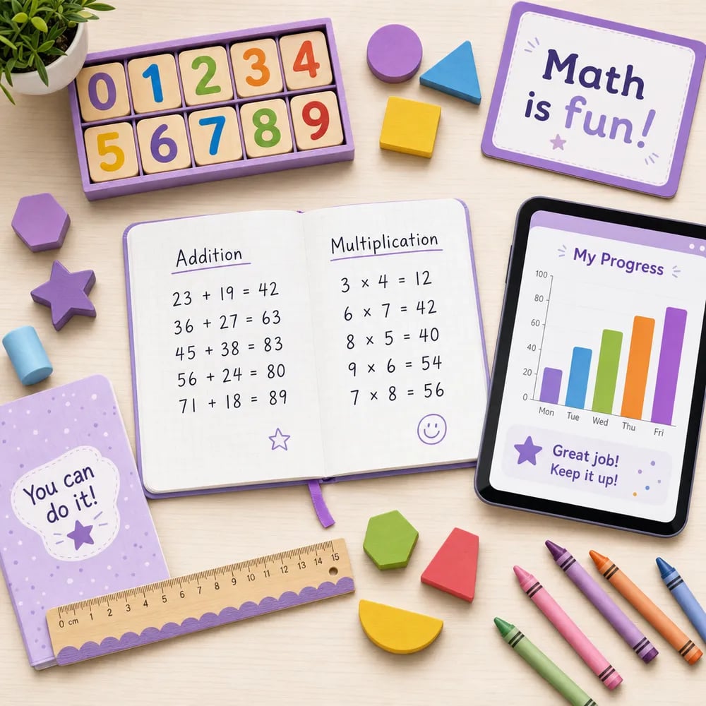 Materiales de matemáticas para niños sobre un escritorio claro: fichas de números de colores, bloques de figuras geométricas, una regla, un cuaderno con sumas y multiplicaciones y una tableta con una gráfica de progreso
