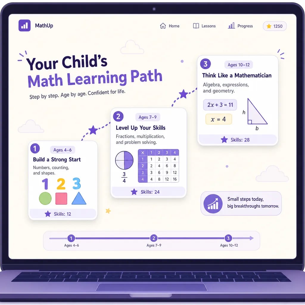 Ruta de aprendizaje de matemáticas por edad para niños, de primaria temprana al álgebra inicial