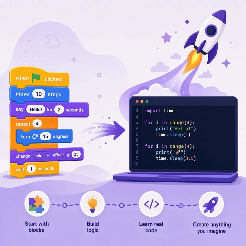 Illustration of the learning progression from Scratch blocks to Python code