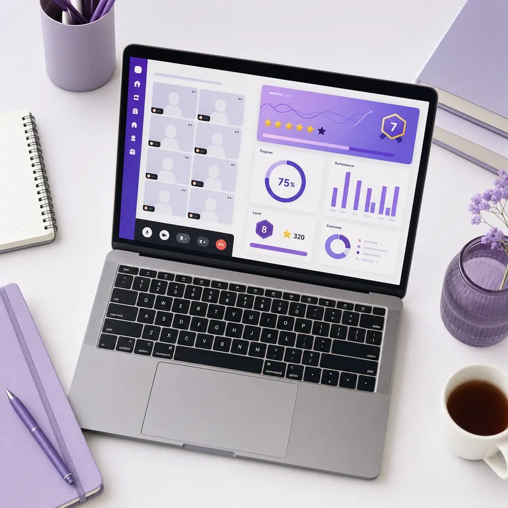 Dashboard of a live online math class with a small group, a progress bar, and achievements in violet tones