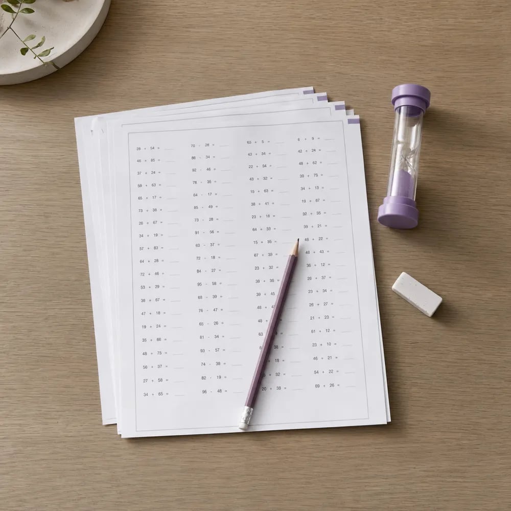 Stack of math practice worksheets with a pencil and a sand timer on a desk