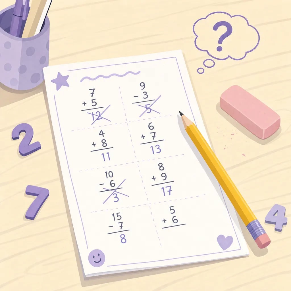 A child's math worksheet with crossed-out attempts and a question mark, a sign they need extra support