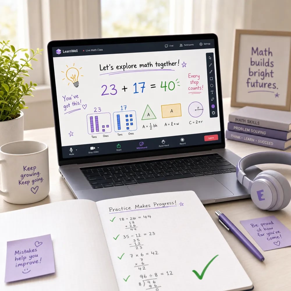 Un computador portátil sobre un escritorio muestra una clase de matemáticas en vivo con una pizarra digital llena de números; al lado, audifonos, un cuaderno con problemas resueltos y notas adhesivas de ánimo