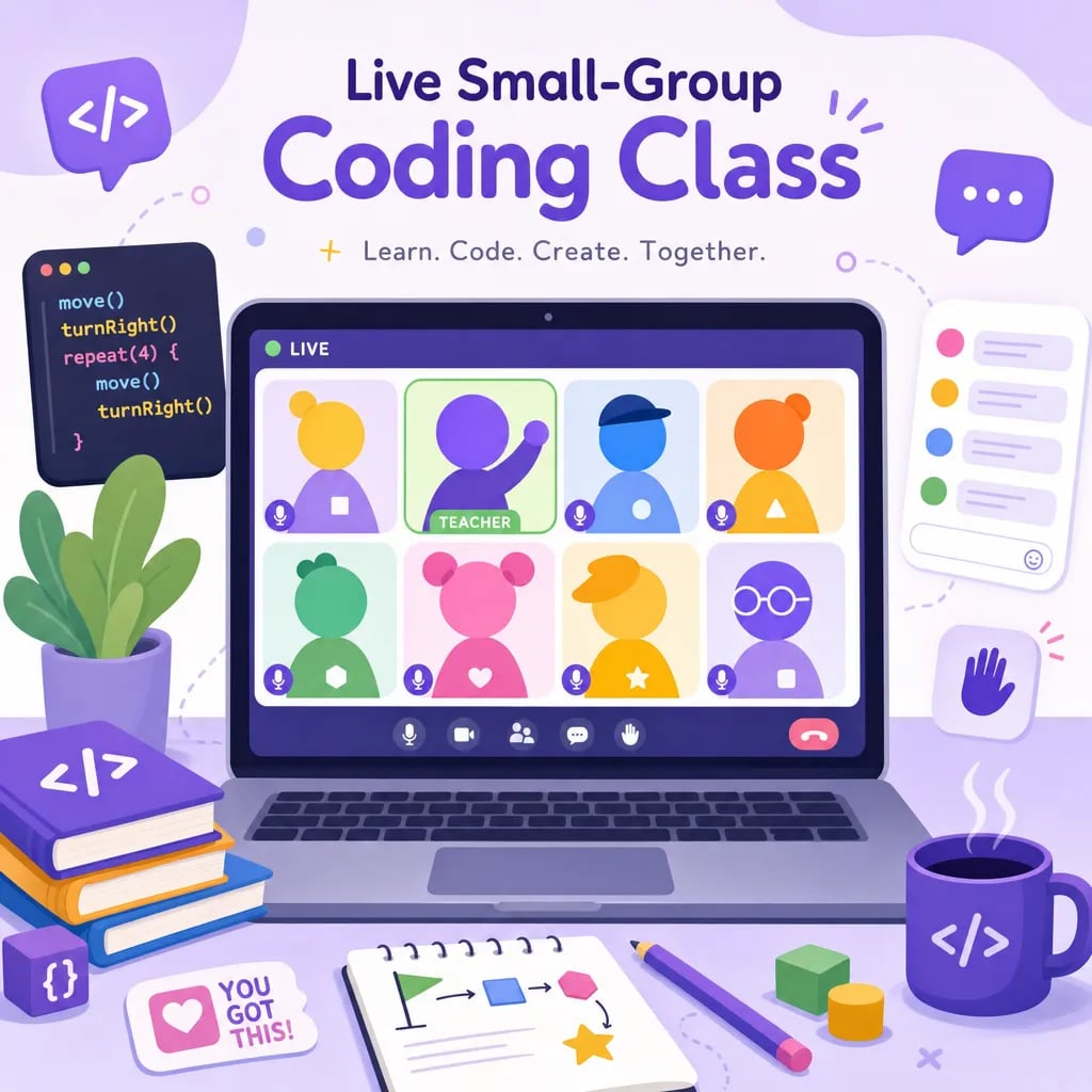 Illustration of a live small-group coding class over video call