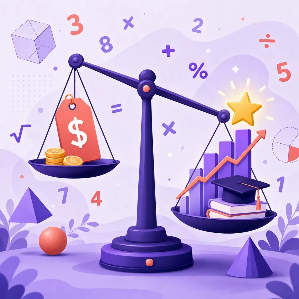 Balanza que compara el precio de una clase de matemáticas frente al avance del niño, el currículo probado, el profesor certificado y el diagnóstico de nivel