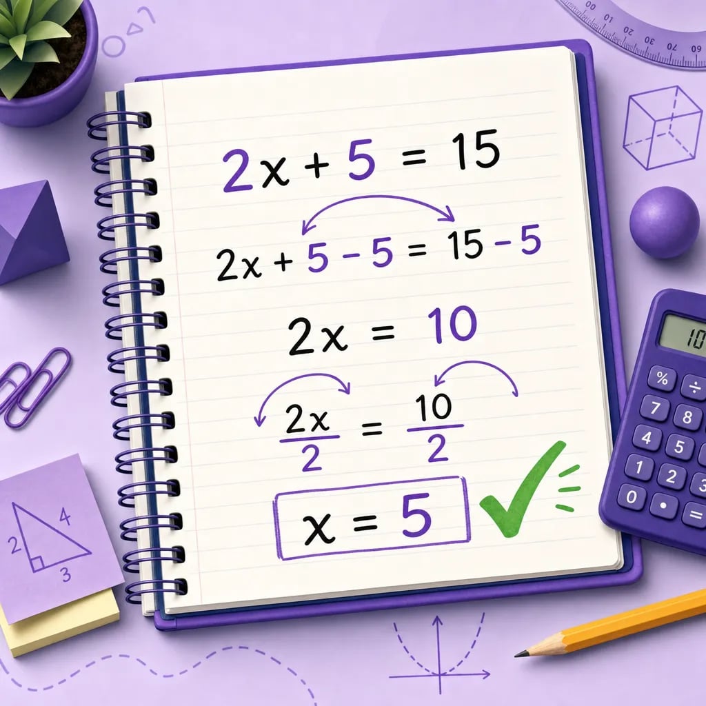 Notebook with an equation solved step by step and a checkmark confirming the result