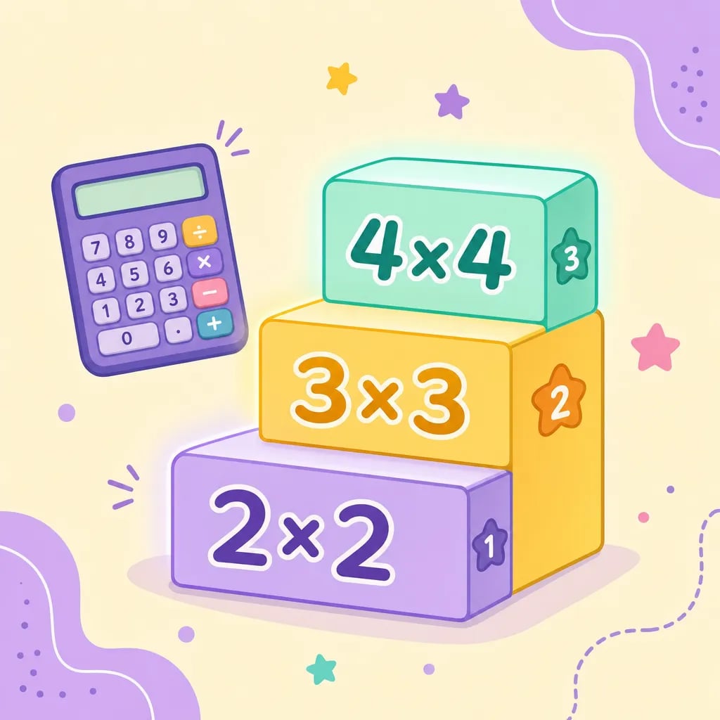 Illustration of how powers are calculated: stacked blocks showing 2x2, 3x3 and 4x4 next to a calculator