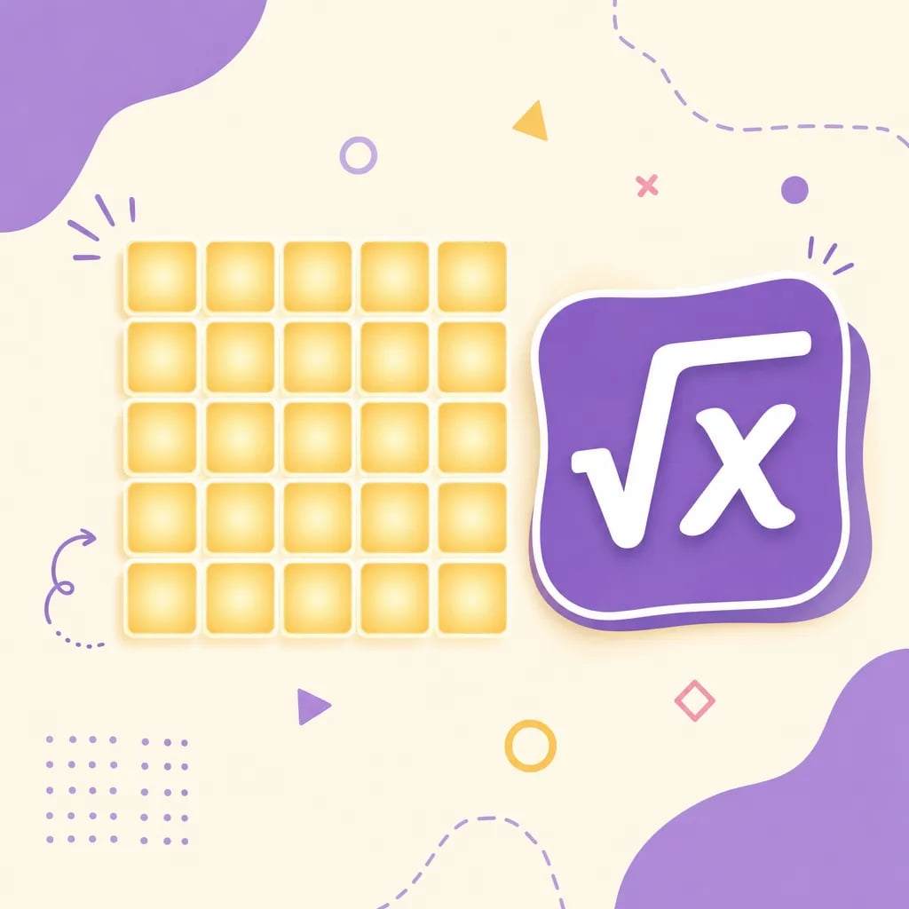 Square root illustration: a 5x5 grid of tiles next to the square root symbol