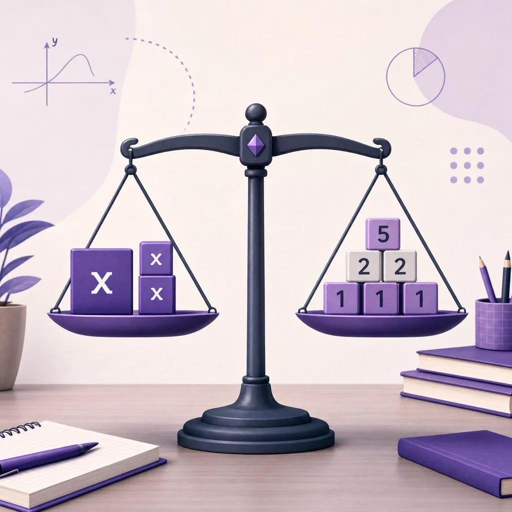 Two-pan balance scale with blocks representing x and numbers, perfectly level
