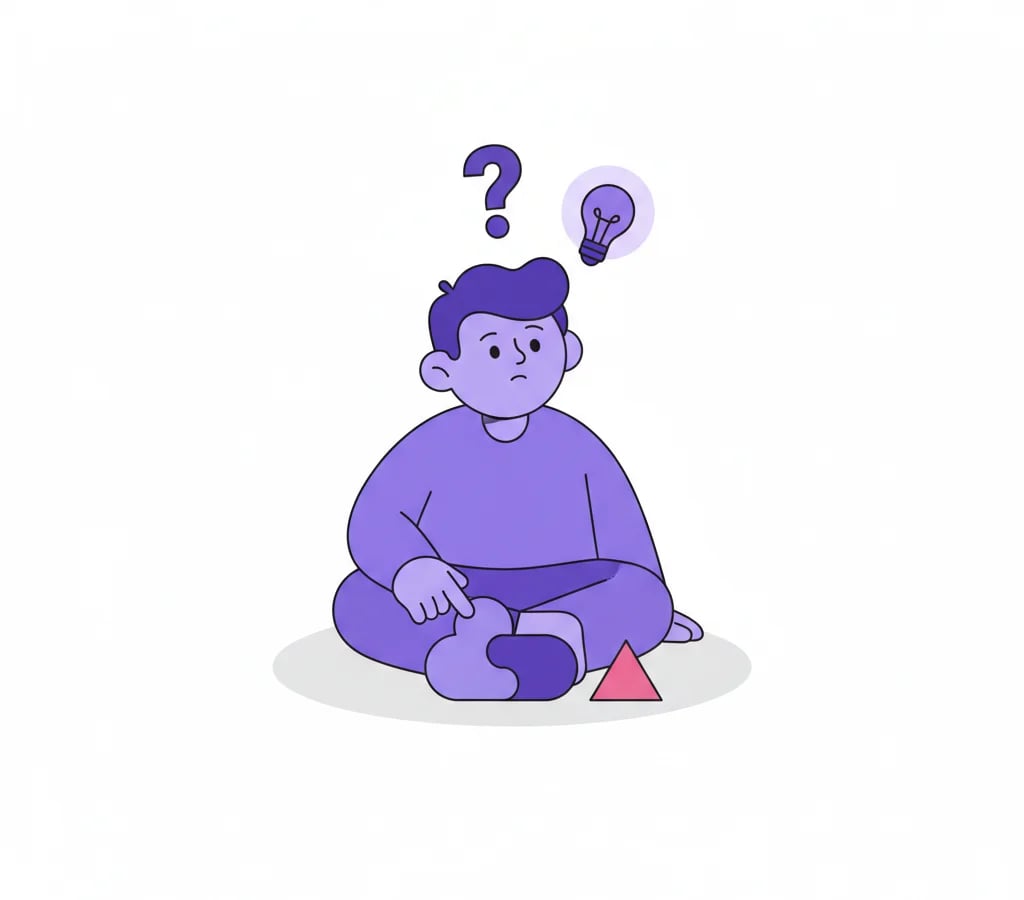 Child thinking about a math brainteaser with a question mark and a lightbulb idea