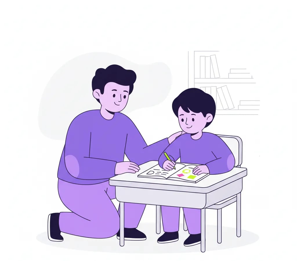 A parent calmly sits with their child at a desk while the child works in a math notebook