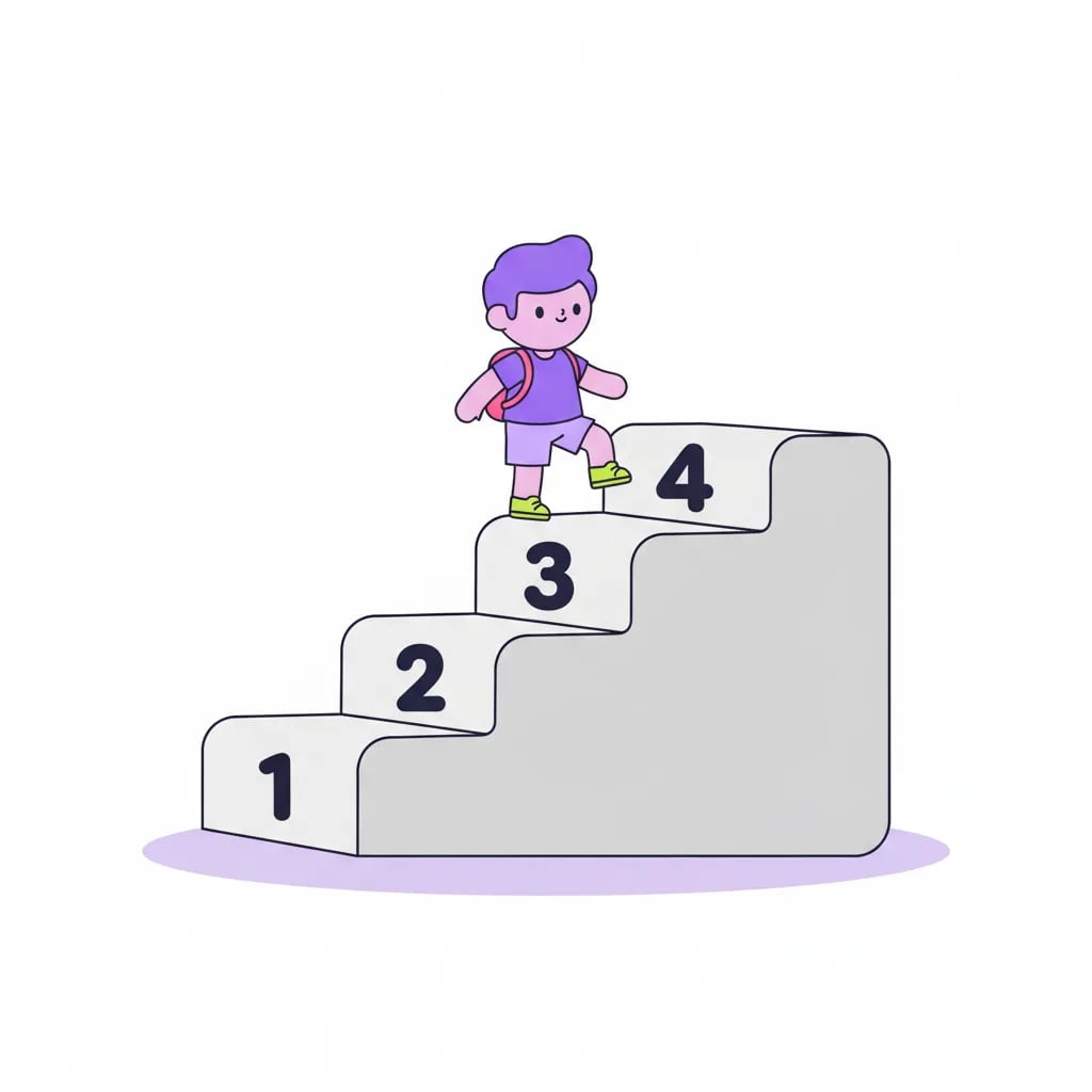 Staircase with ordinal numbers 1 to 4 and a child climbing up