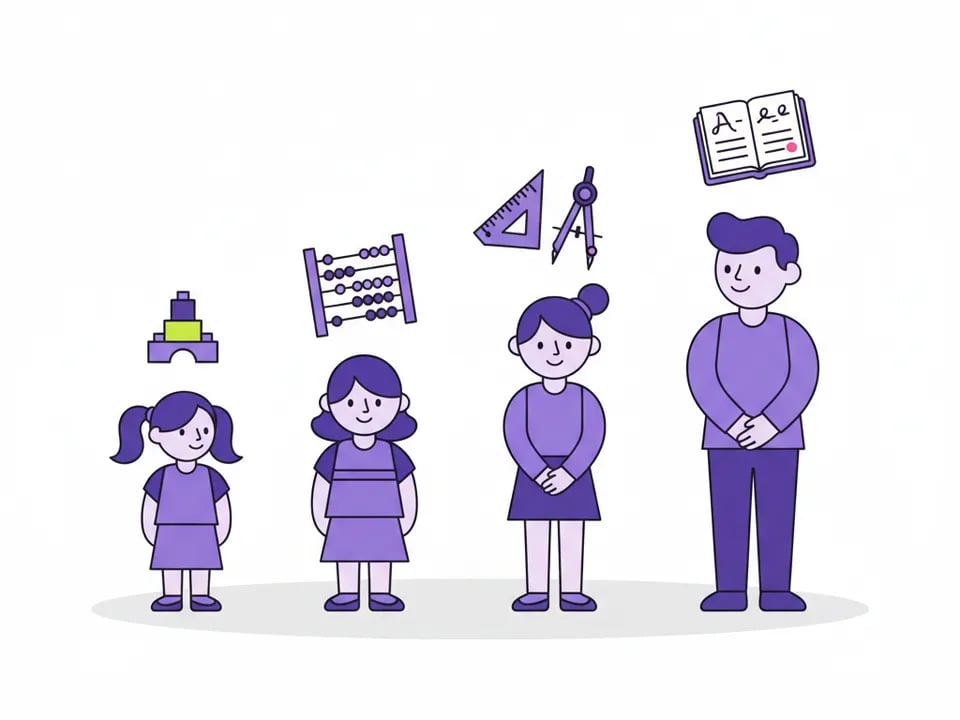 Ilustración plana de cuatro niños de distintas edades en fila, con íconos de bloques, ábaco, escuadra y libro de álgebra sobre sus cabezas, y un adulto observando a un costado
