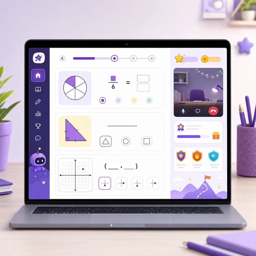 Pantalla de una clase de matemáticas online con fracciones, geometría, una cuadrícula de coordenadas y elementos de gamificación como estrellas y puntos