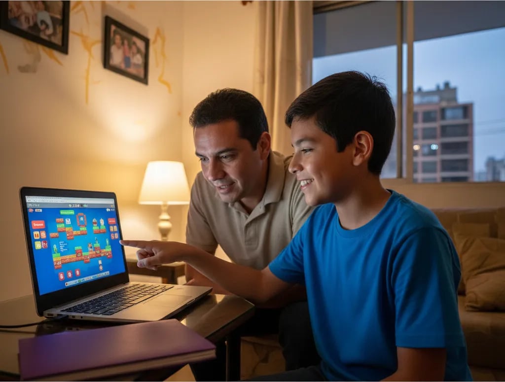 Niño de 11 años muestra a su papá un juego que programó en la laptop