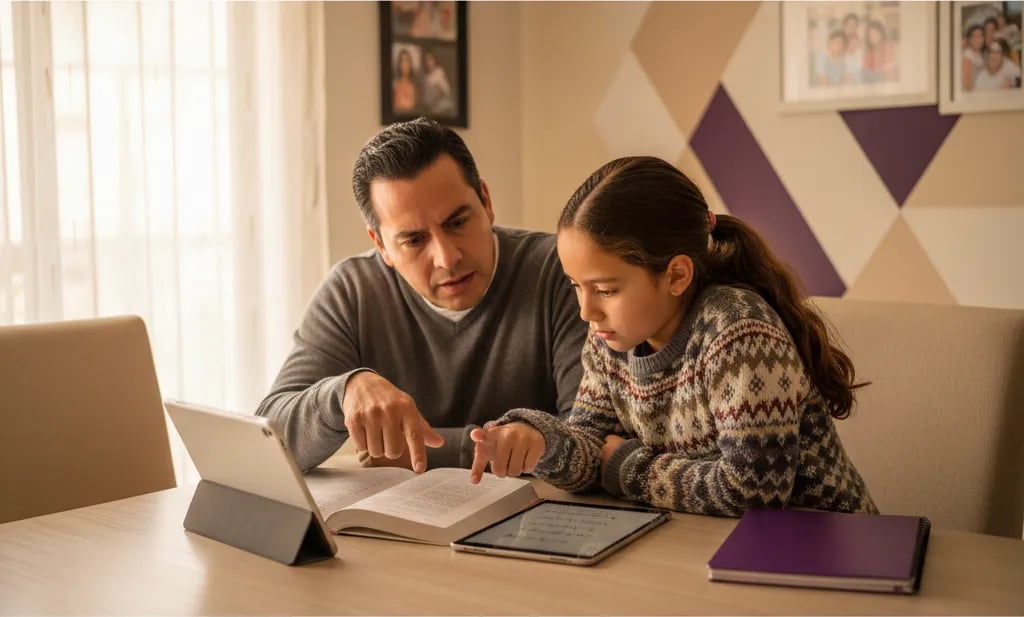 Padre e hija comparan la respuesta de un asistente de IA con un libro de texto en la mesa del comedor