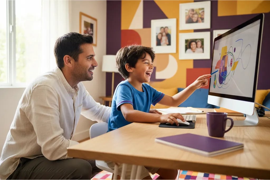A seven year old boy doodling on a computer while his father sits beside him