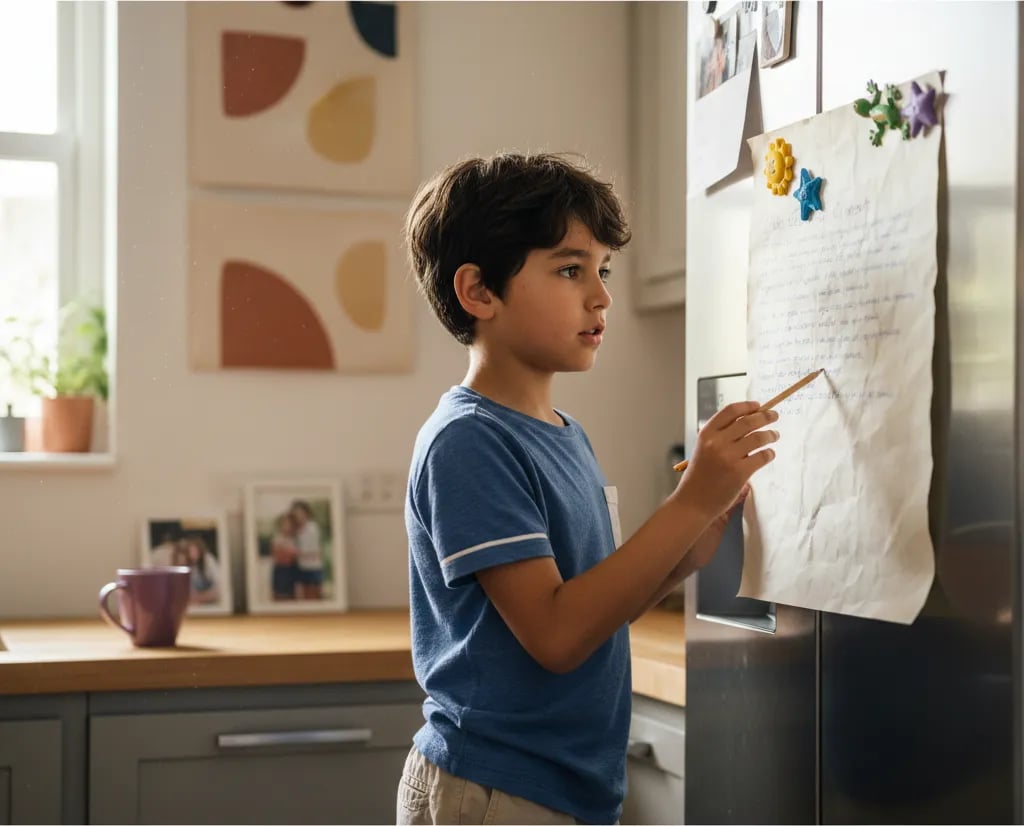 Niño lee el acuerdo casero de uso de IA pegado en la puerta del refrigerador