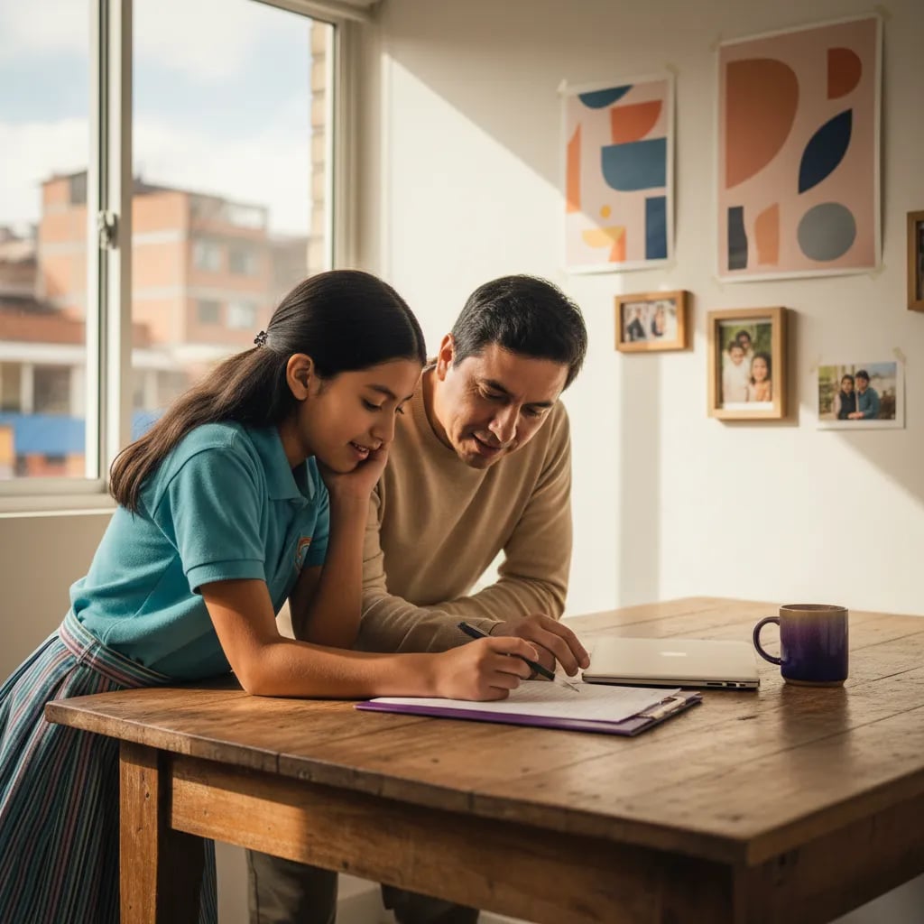 Padre e hija latinoamericanos repasando juntos una lista escrita en la mesa de la cocina