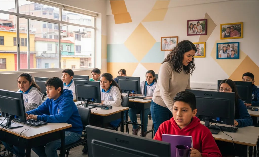 Niños latinoamericanos en un aula presencial con computadoras y una profesora recorriendo los escritorios