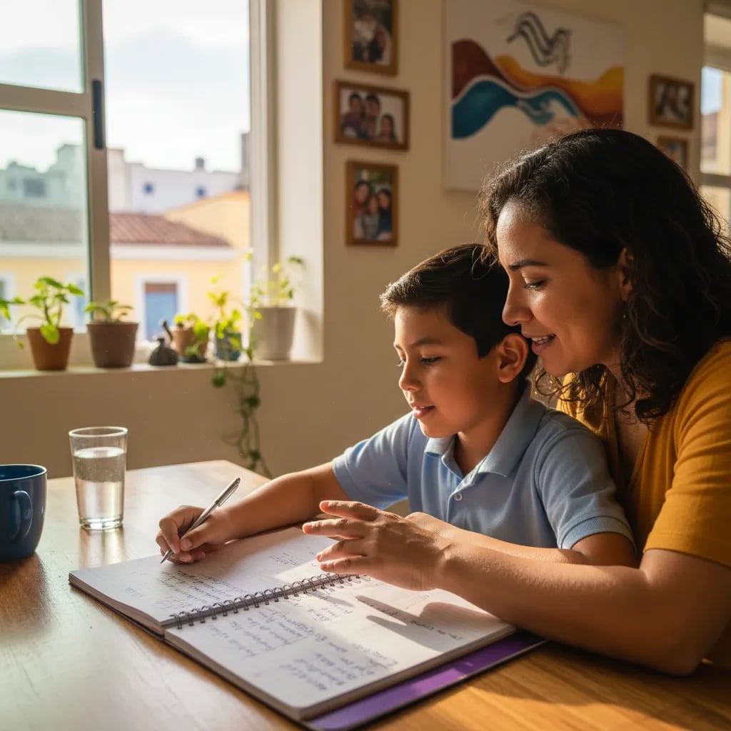 A Latin American mother and son talking at the kitchen table with a notebook between them