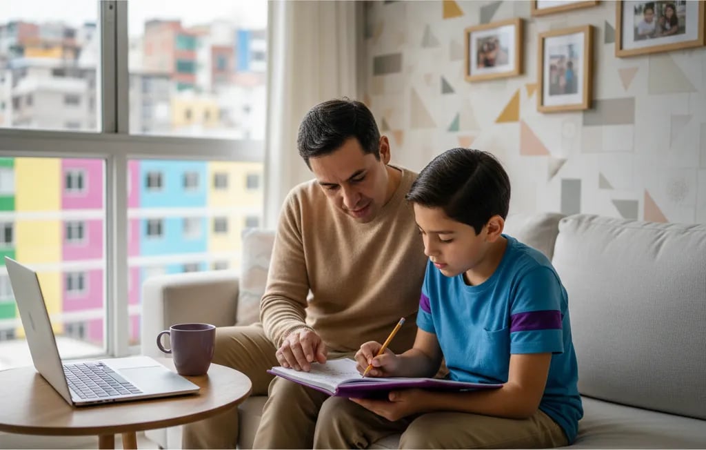 A Latin American parent and child going through a list in a notebook together on the sofa