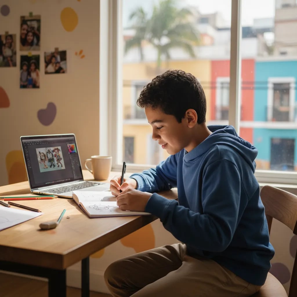 A Latin American boy sketching characters in a notebook beside an open laptop