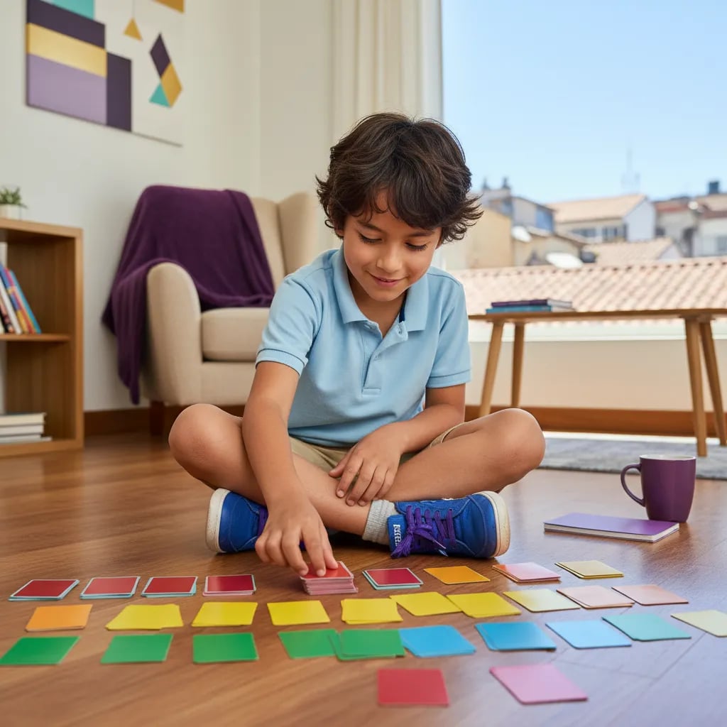 A Latin American child sorting coloured cards into groups on the floor