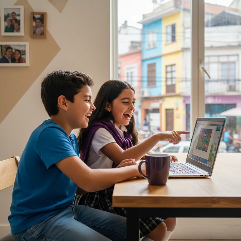 Latin American boy building a blocky world on the computer in his bedroom