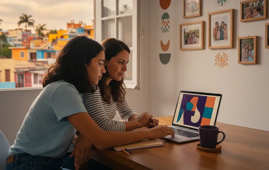 Adolescente latinoamericana mostrando un diseño en la laptop a su mamá en la mesa de la cocina