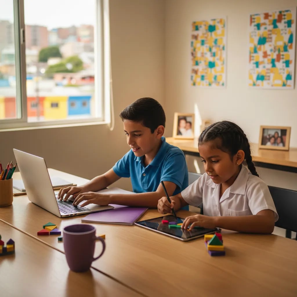 Niña latinoamericana frente a una laptop con bloques de código de colores y un diseño en pantalla