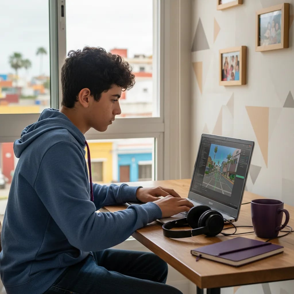 Latin American teenager writing game code on a laptop with a 3D editor open