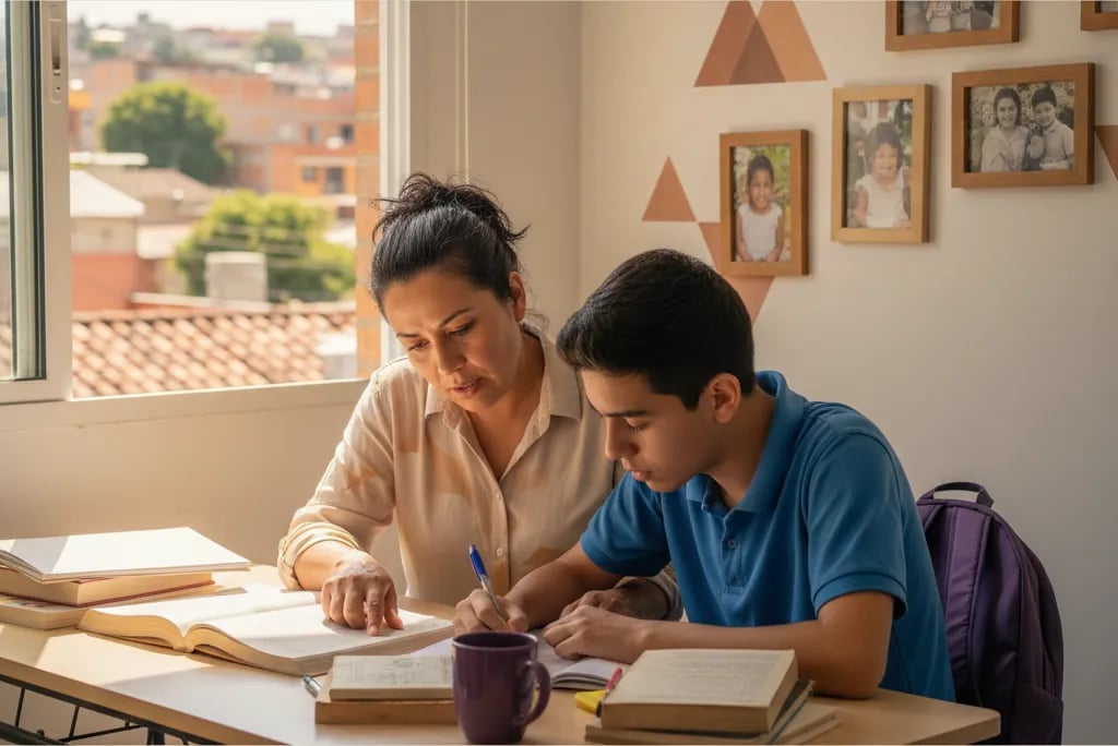 A Latin American student doing homework at a desk with books and a laptop