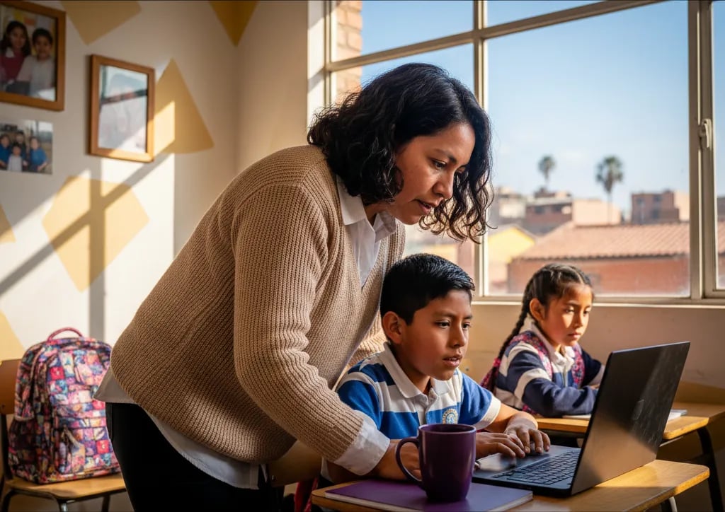 Profesora latinoamericana explicando algo en la laptop de un alumno