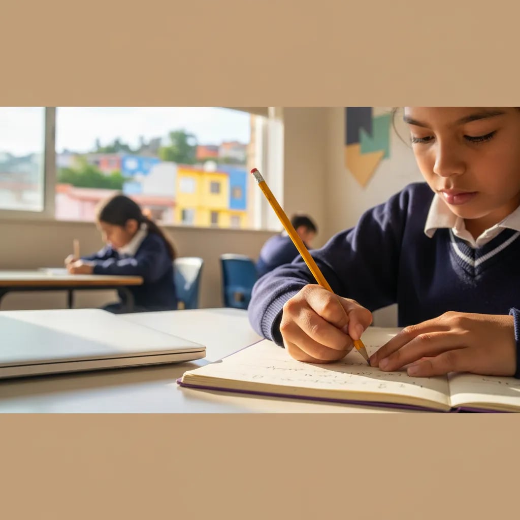 A Latin American girl writing a solution in a notebook beside a closed laptop