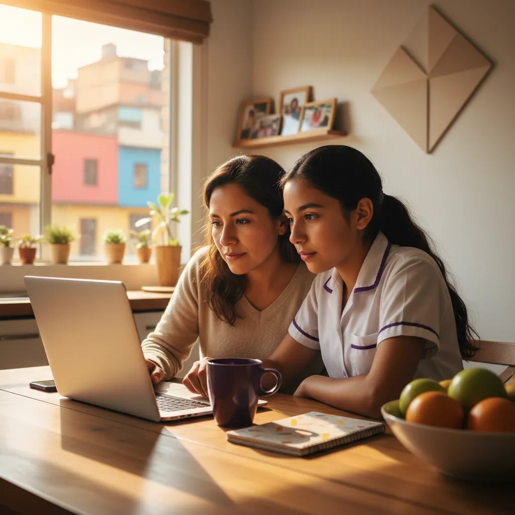 A Latin American teenager showing their laptop screen to their mother