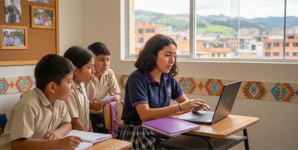 Niños latinoamericanos trabajando con laptops en una clase de programación