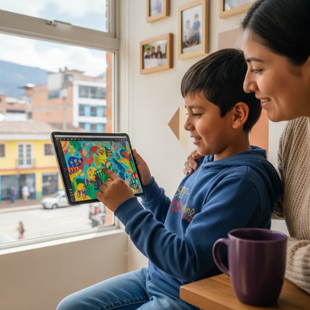 Niña latinoamericana dibujando en una tablet con lápiz digital