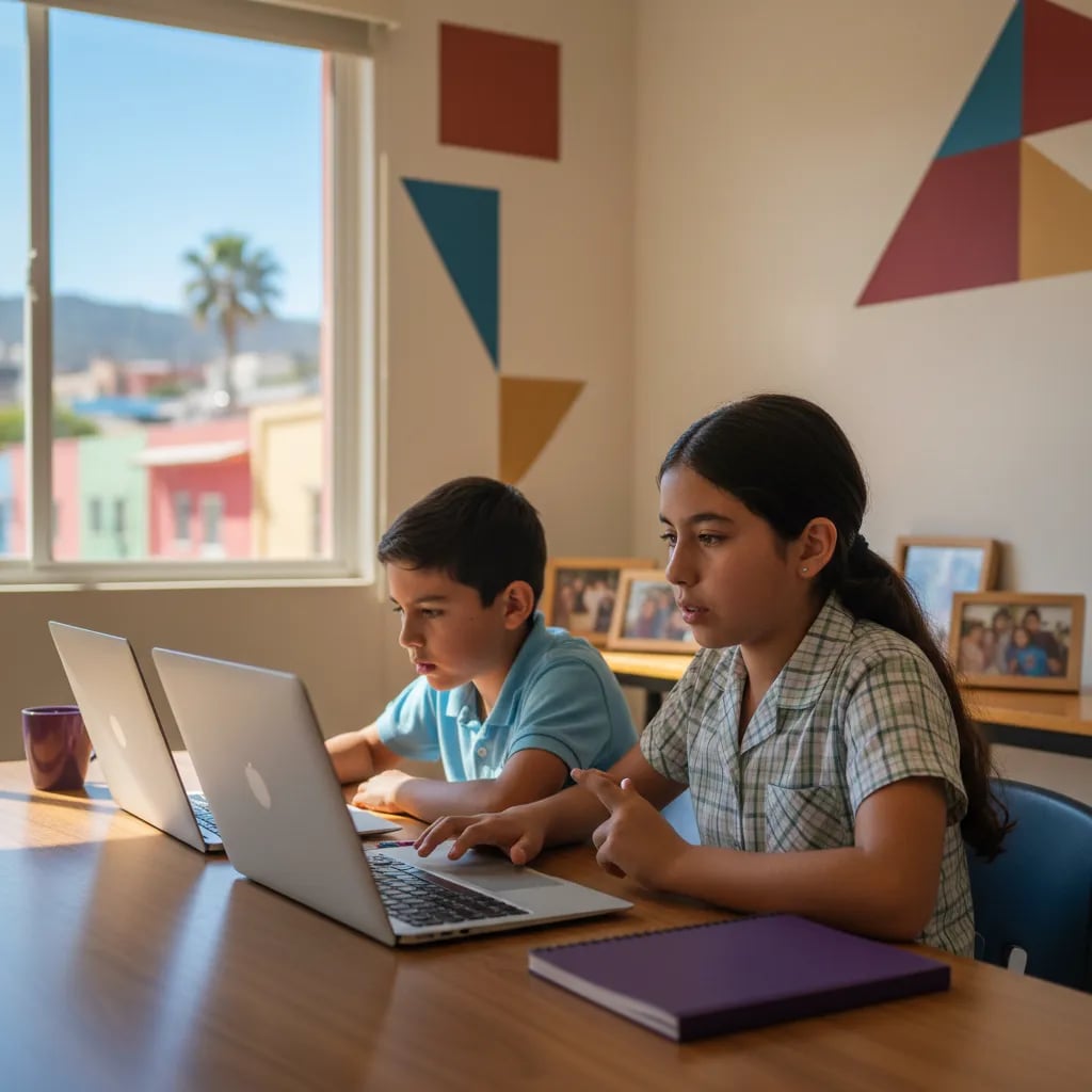 Niño latinoamericano frente a una laptop y una tablet en el escritorio