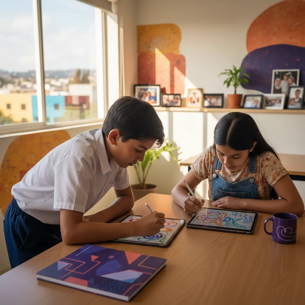 Niños latinoamericanos trabajando en arte digital en tablets