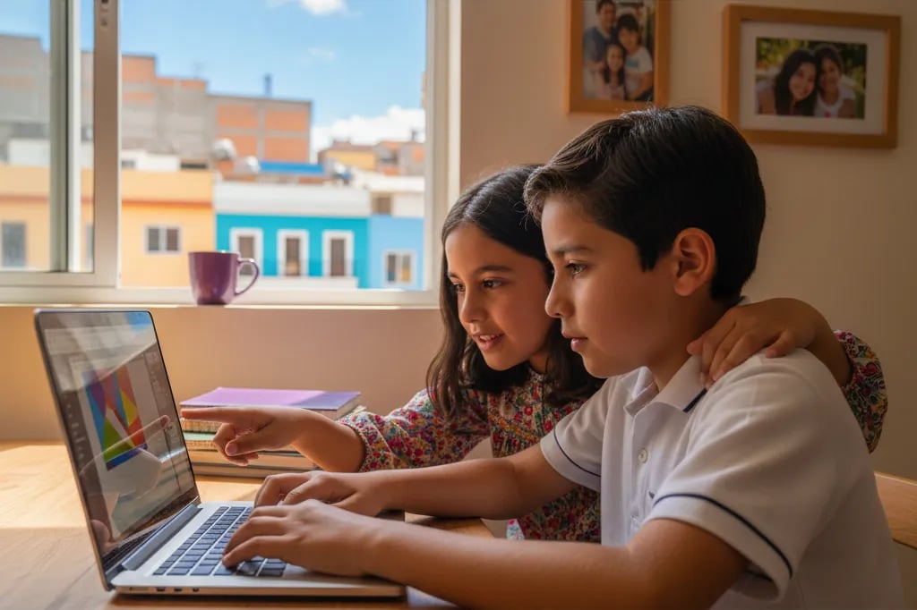 Niño latinoamericano escribiendo en una laptop con expresión concentrada