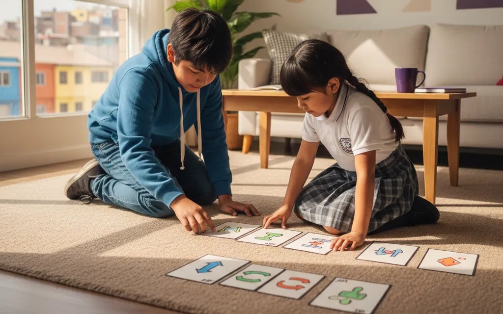 Dos niños ordenan en el piso tarjetas con instrucciones dibujadas, un ejercicio de secuencia sin computadora