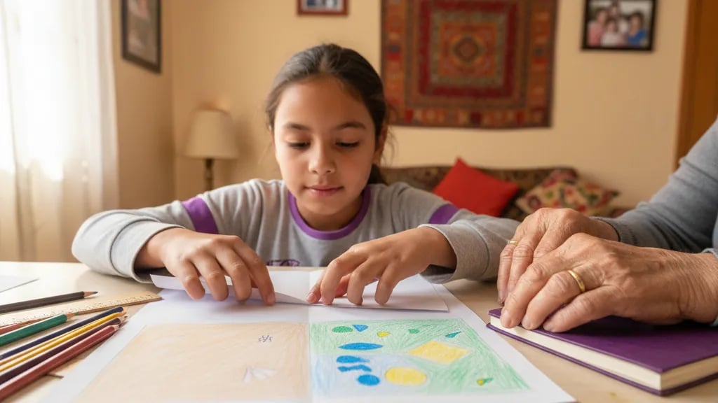 Girl folding a sheet of paper into equal parts to understand fractions with her grandmother's help