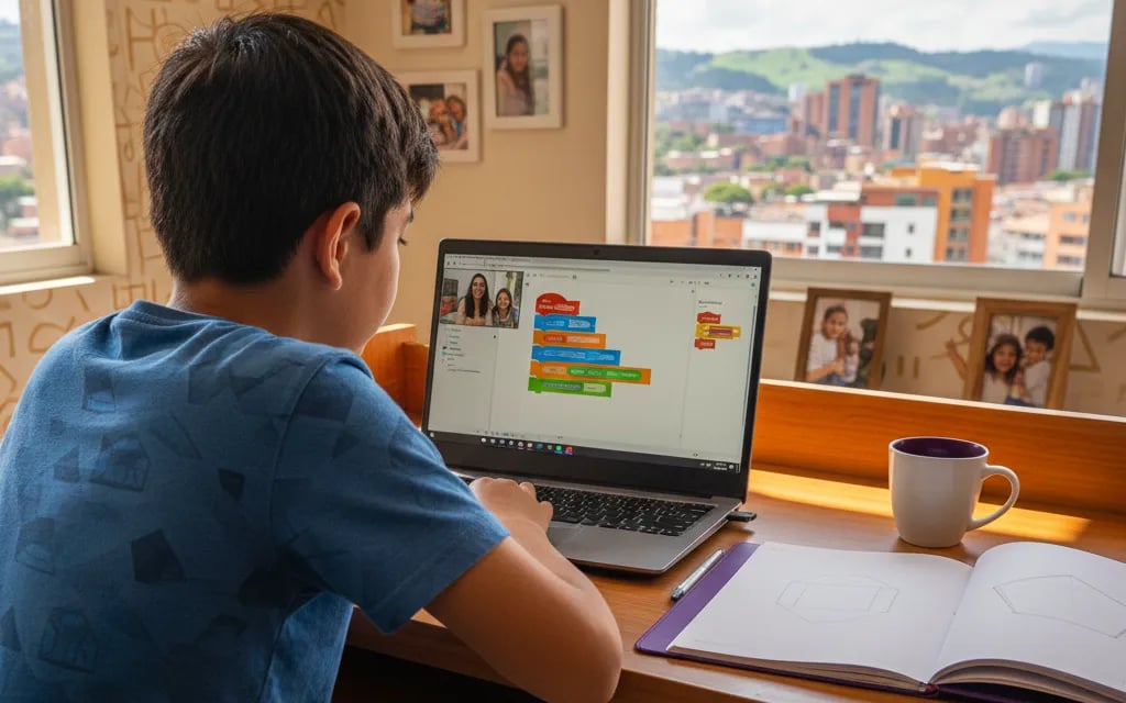 Niño de 12 años programa con bloques en una clase online en vivo, con un cuadrado y un pentágono dibujados en su cuaderno