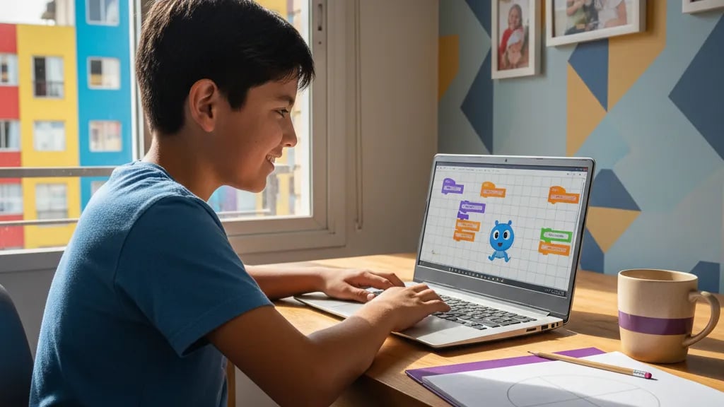 Boy coding a character with visual blocks on his laptop next to a notebook with a circle divided into quarters