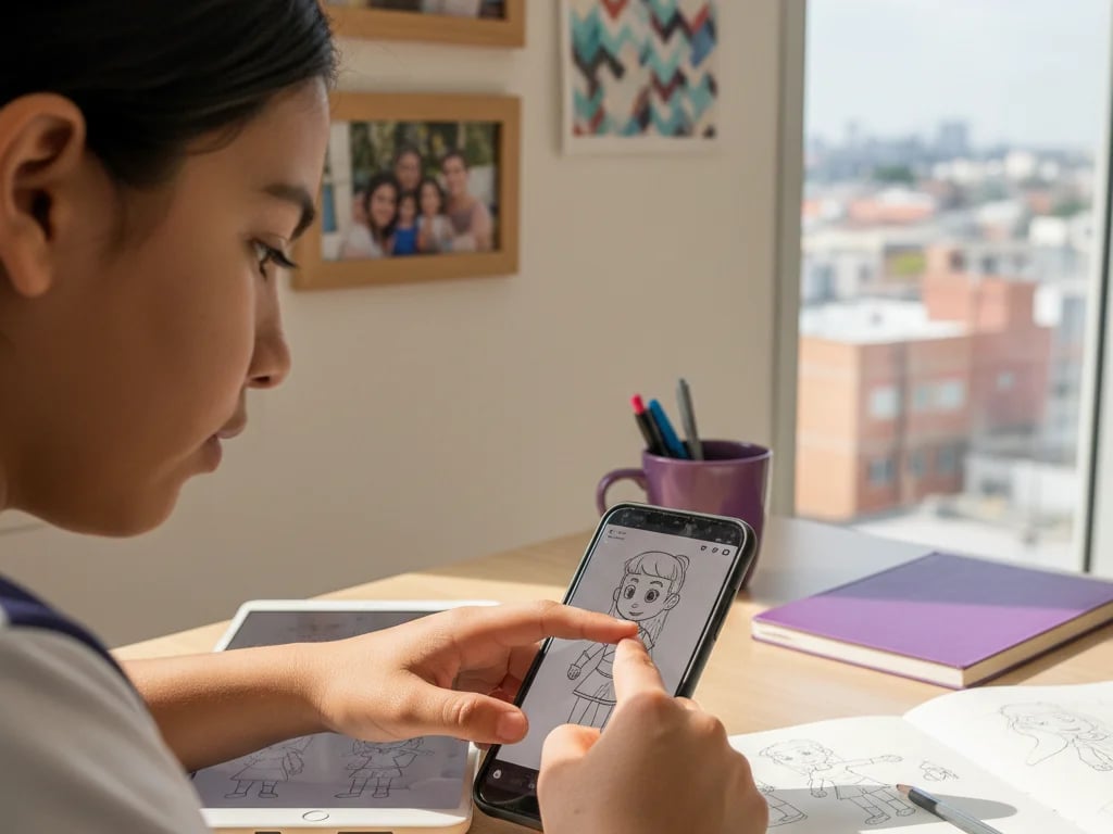 12-year-old girl draws a character with her finger on a phone next to her sketchbook