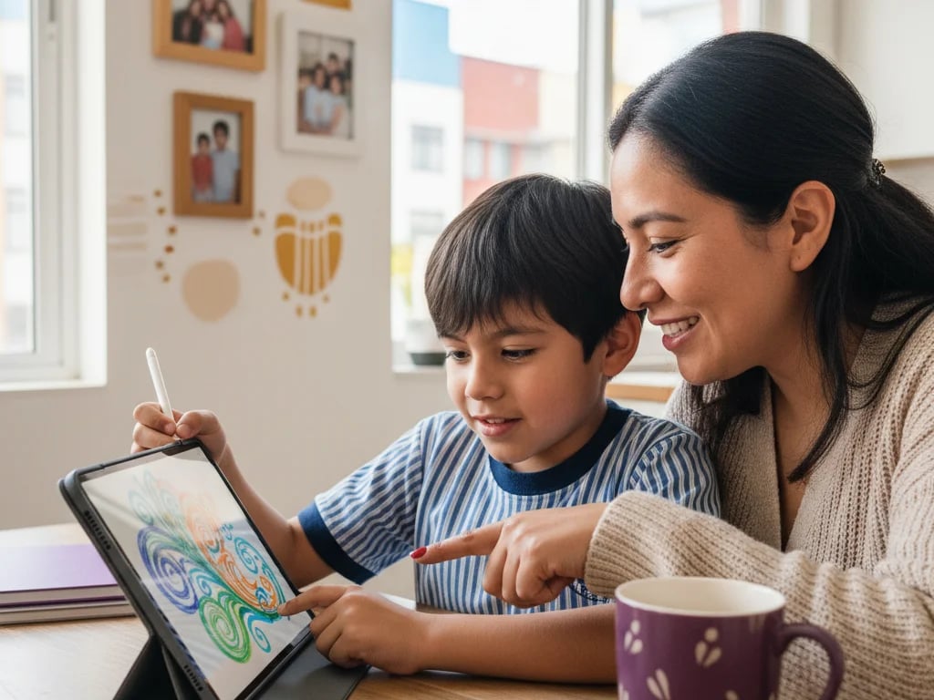 Mom and her 9-year-old son look at a digital drawing made with a stylus on a tablet