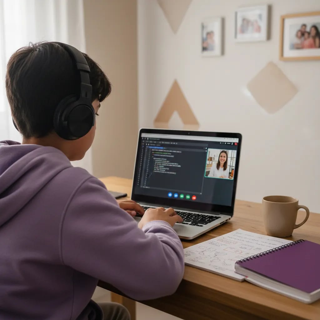 11-year-old boy in a live online coding class with his teacher