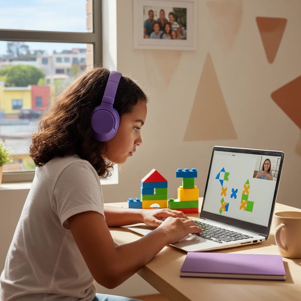 Niña con audífonos en una clase de programación online en vivo con su profesor